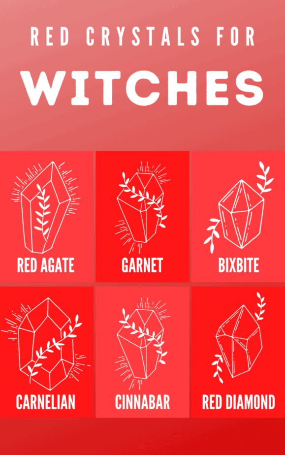 Red crystals for witches. Illustrated crystals.