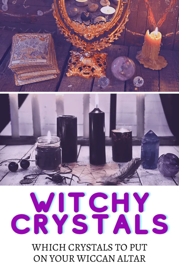 An ornate mirror. Occult symbols. The judgement tarot card. Crystal balls. A white candle. Black candles. Crystal towers. A feather. An occult coin necklace. Witchy crystals: which crystals to put on your Wiccan altar.