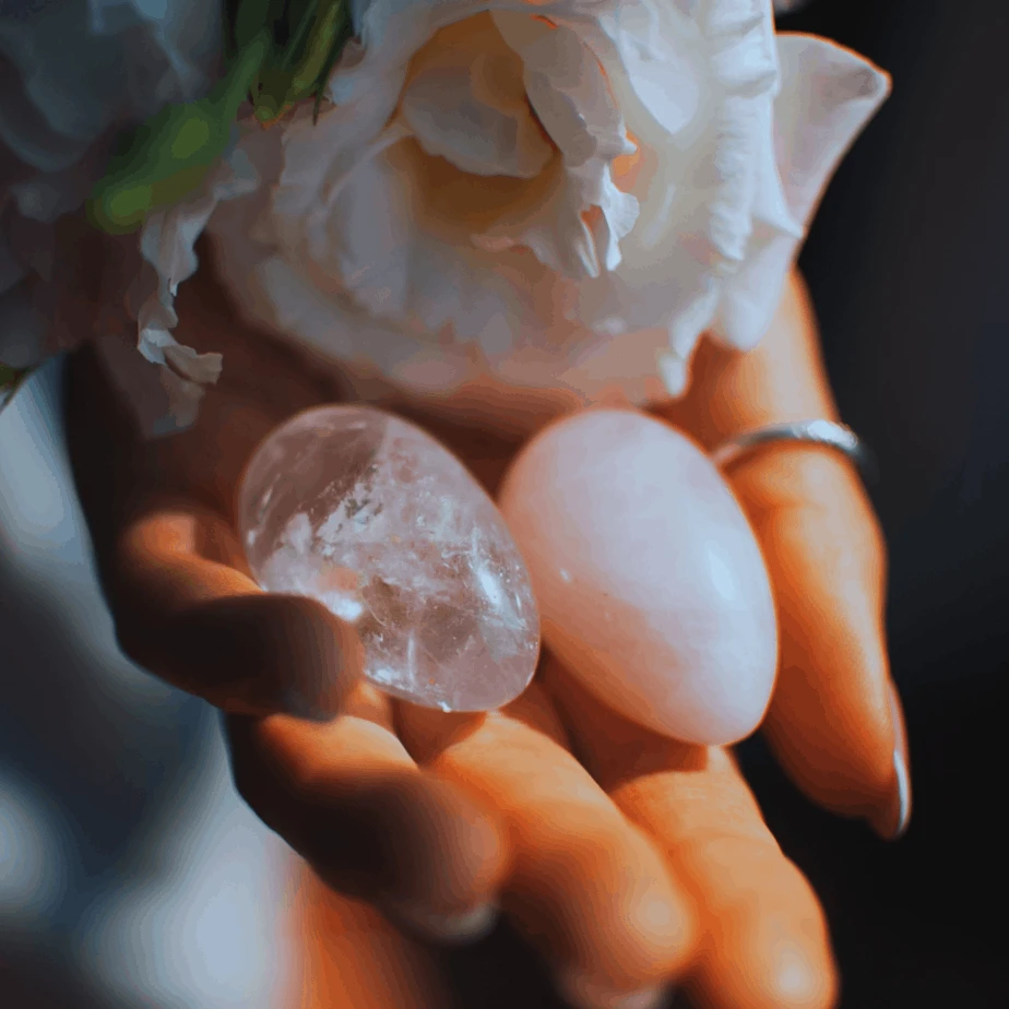 A woman with a thumb ring holding a pink rose, a quartz crystal egg, and a rose quartz crystal egg.