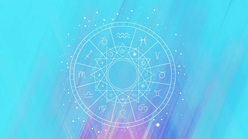 Astrology natal chart on a cyan gradient background