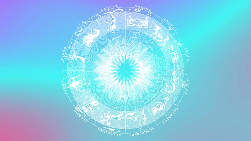 Astrological circle on a cyan gradient background