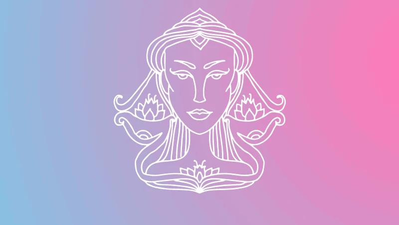 Woman head in the shape of Libra symbols on a pink and blue gradient for Libra sun in the natal chart