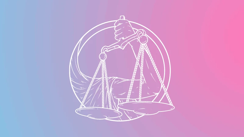 An arm holding scales on a pink and blue gradient for Libra sun in the natal chart