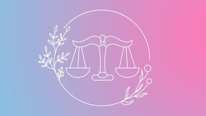 Scales and florals on a pink and blue gradient for Libra sun in the natal chart