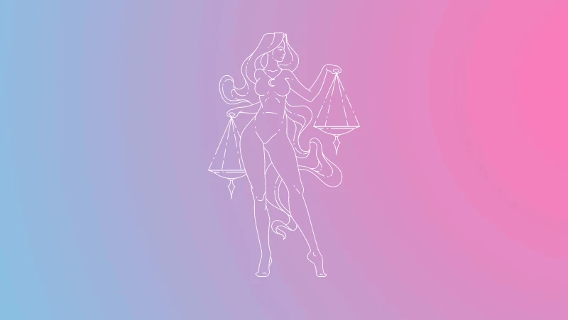 Woman holding scales on a pink and blue gradient for Libra sun in the natal chart