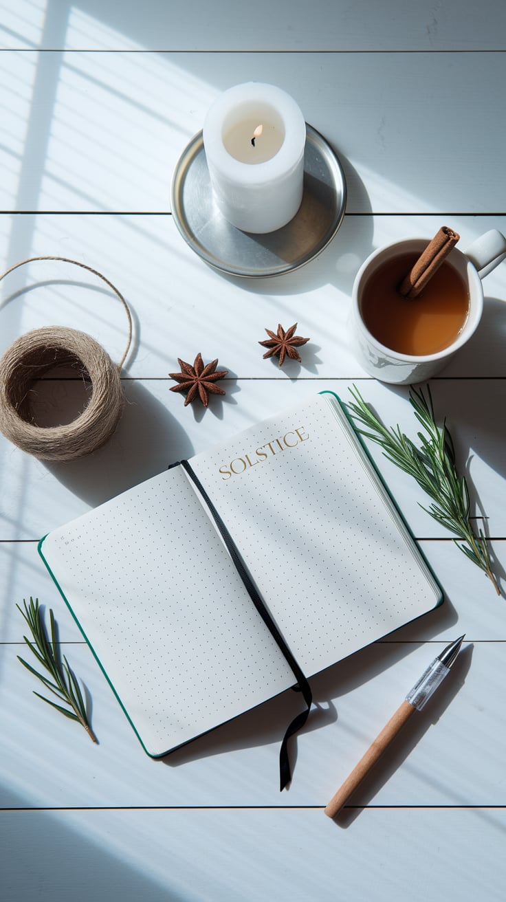 A festive scene featuring a Christmas tree, a notebook for Yule prompts, a candle, and rosemary sprigs on a white background.