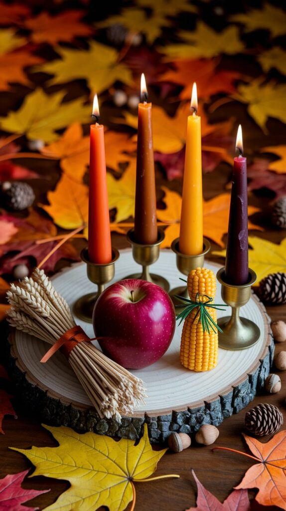 A festive arrangement of Thanksgiving candles and fresh apples, celebrating the harvest season with warmth and color.