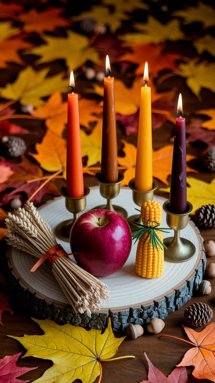 A festive arrangement of Thanksgiving candles and fresh apples, celebrating the harvest season with warmth and color.