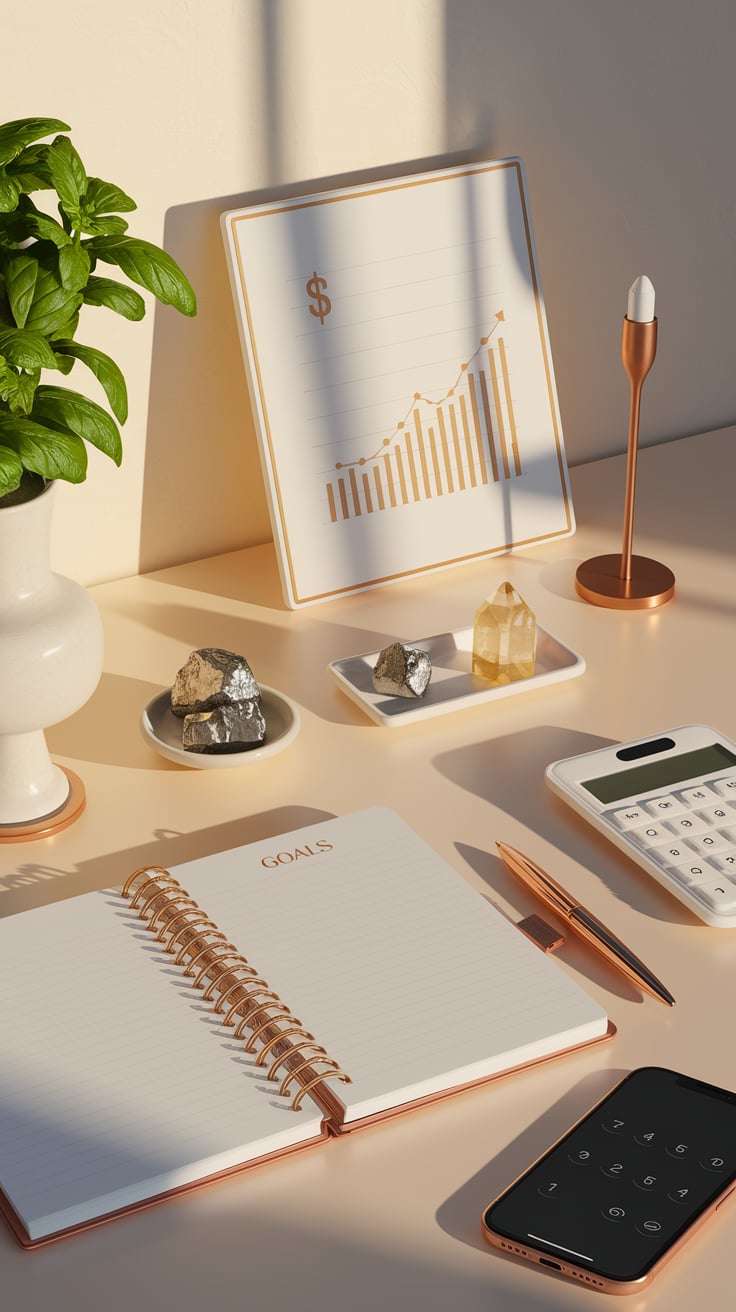 A desk featuring a calculator, phone, and a plant, symbolizing business success in a witchcraft-themed blog post.