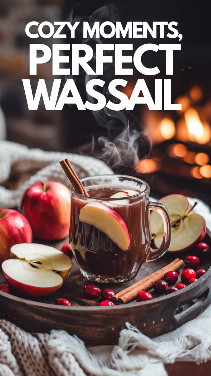 A steaming glass of wassail garnished with a cinnamon stick and apple slices, sitting on a wooden tray decorated with fresh cranberries and apples. The text overlay, "Cozy Moments, Perfect Wassail," adds a festive touch to the glowing fireplace scene.