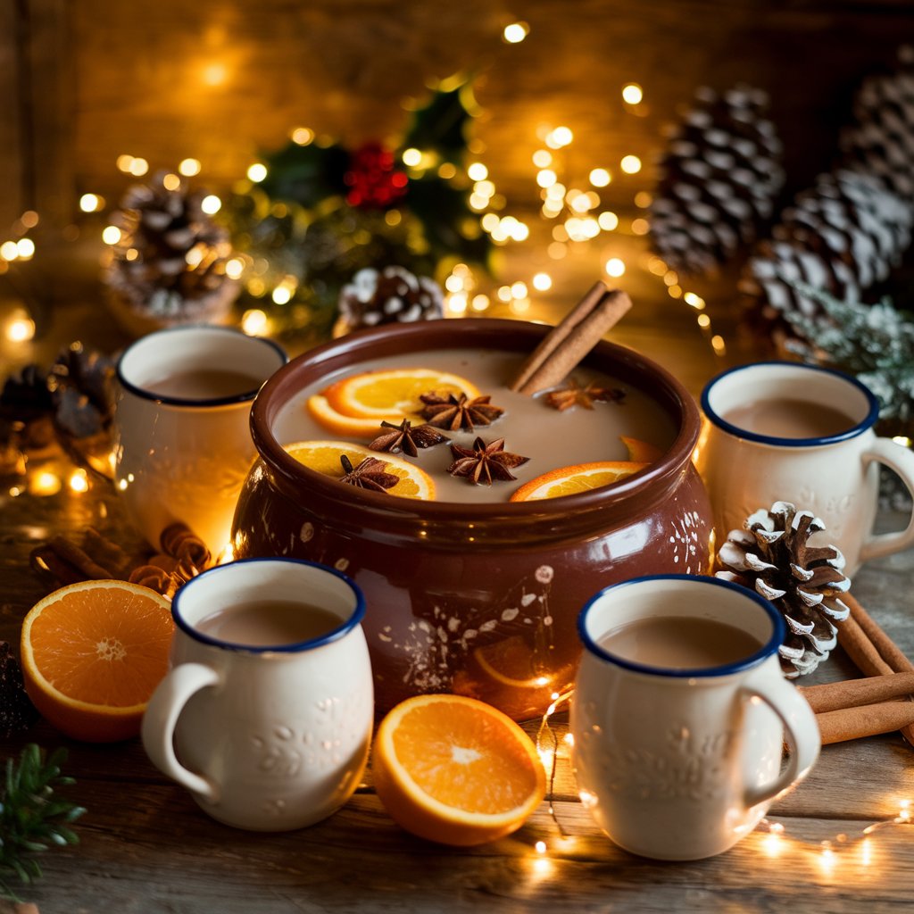 A beautifully styled Christmas table with a crockpot of wassail, surrounded by orange slices, pinecones, and glowing fairy lights. The drink is topped with floating cinnamon sticks and star anise, creating a warm and festive vibe.
