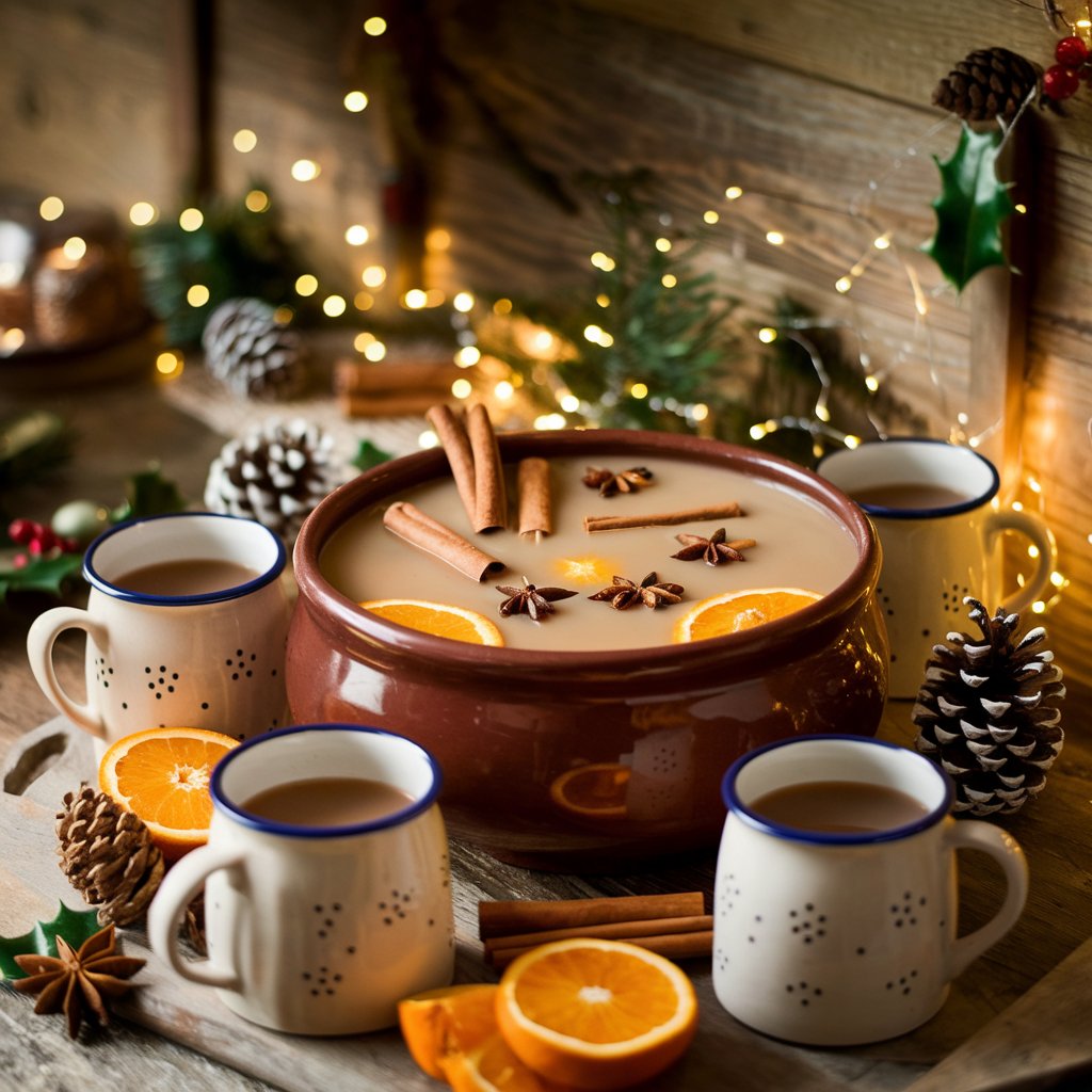 A rustic scene featuring a large clay pot filled with warm wassail, garnished with floating orange slices, star anise, and cinnamon sticks. The pot is surrounded by enamel mugs, festive pinecones, and twinkling fairy lights for a cozy holiday atmosphere.