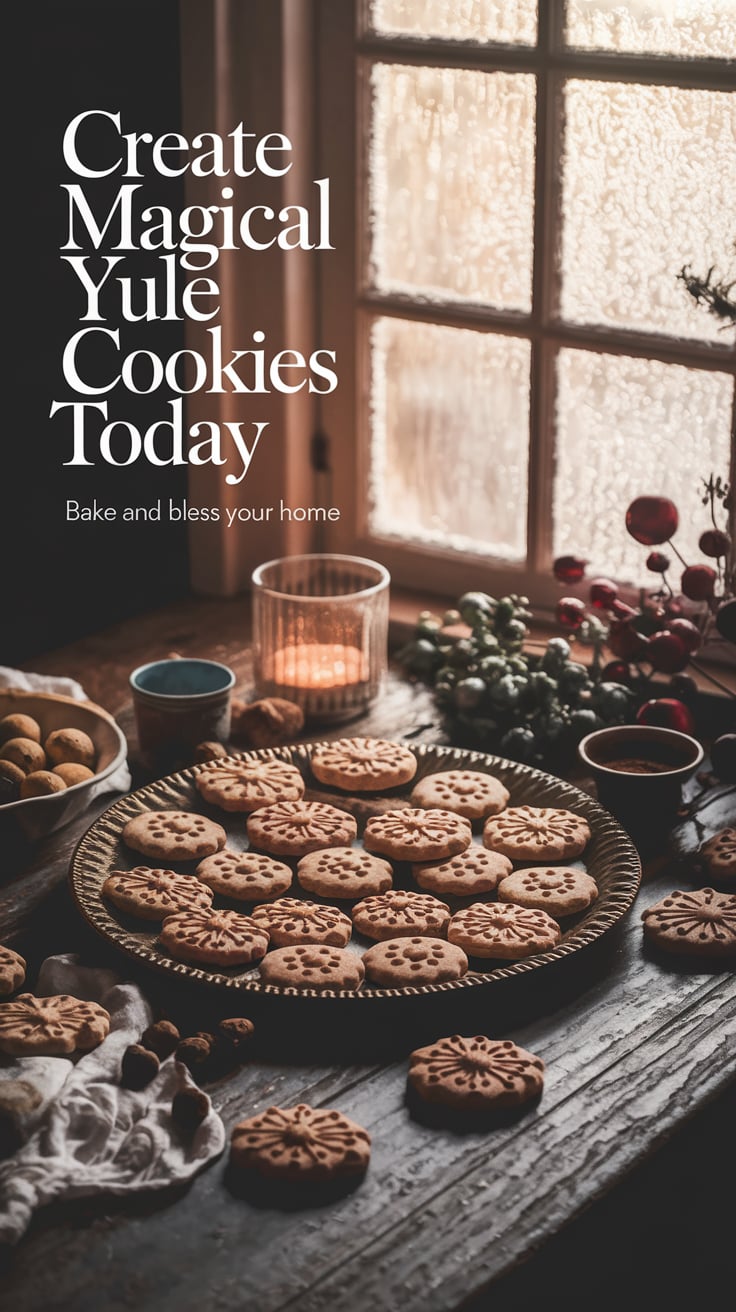 ‘Create Magical Yule Cookies Today’ — clear font, upper third, winter kitchen, cookies with festive icing, warming spices; bottom caption: ‘Bake and bless your home’
