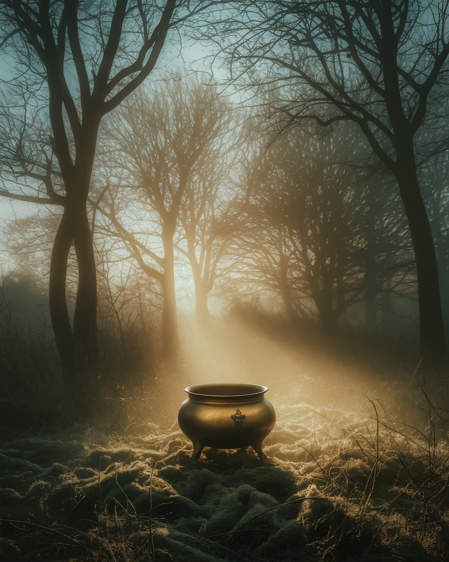 Dark Nature Mysticism An atmospheric shot of a misty forest at dawn, with tall, bare trees cloaked in fog, faint rays of sunrise peeking through branches, and a single antique brass cauldron in the foreground, wrapped in shadows with muted earth tones, moss greens, and cool grays. (Aesthetic: Dark Nature Mysticism)