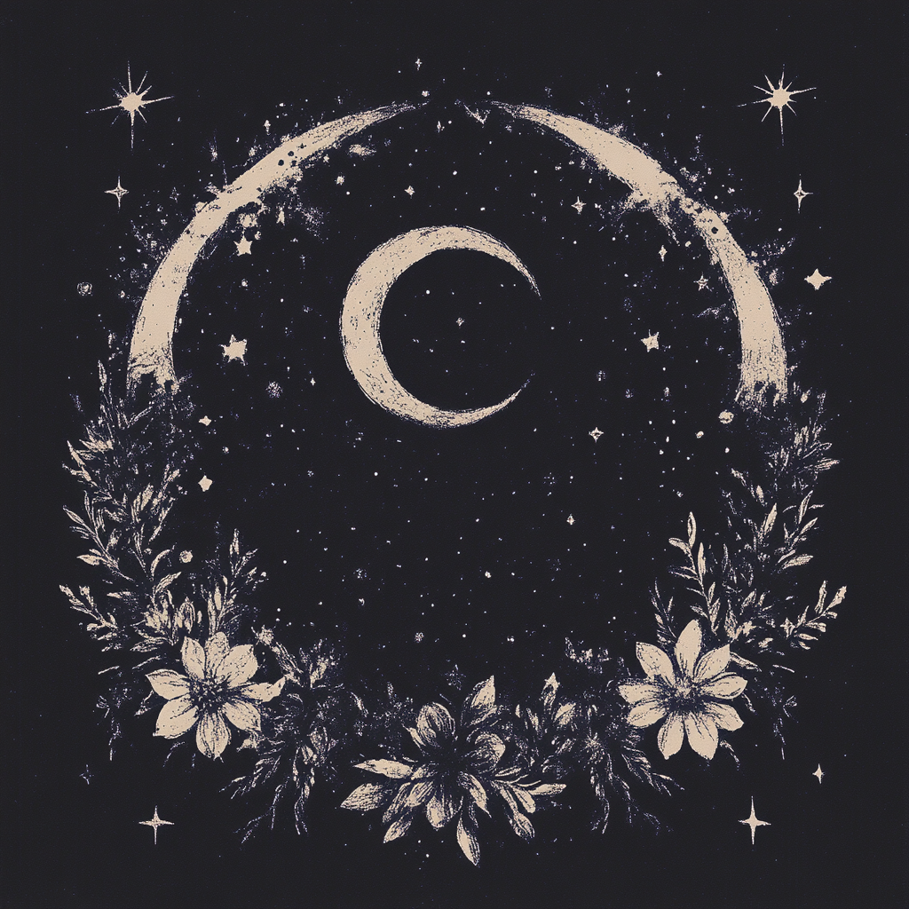 Esoteric astrology Circular arrangement of crescent moons, floral embellishments, and stars set against a dark background, portraying mystical and artistic harmony in astrology.