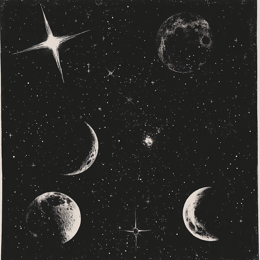 First house stellium Illustration of celestial objects including crescent moons, a full moon, and stars scattered across a dark night sky, symbolizing astrological mystery and cosmic connection.