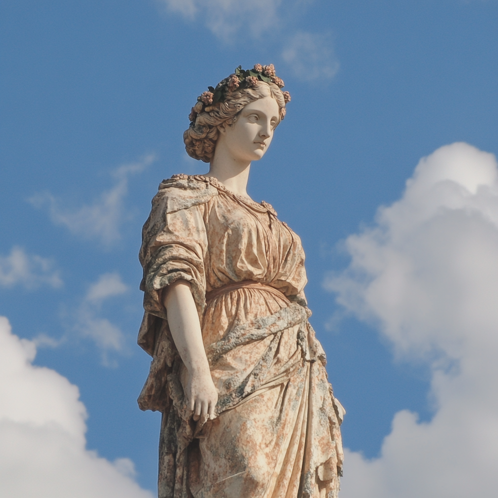Greek goddess Hera A majestic statue of Hera against a backdrop of clouds. This highlights her role as the queen of the gods, watching over both Olympus and the earth below.