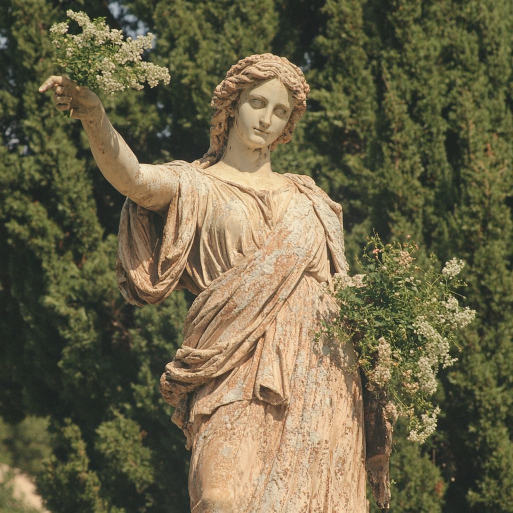Greek paganism Hera A classical statue of Hera standing outdoors, holding a bouquet of flowers. This represents Heraโs nurturing side and her ties to nature, growth, and fertility
