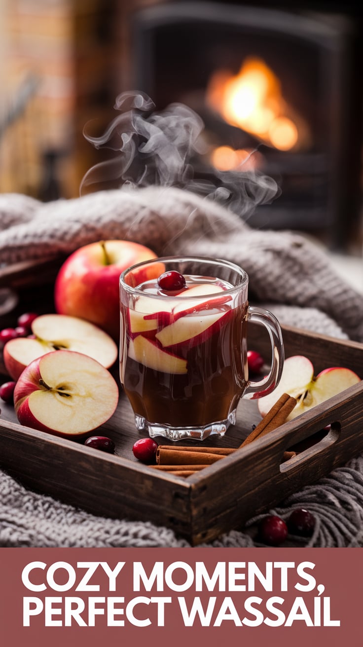 A rustic scene with a clear mug of hot wassail topped with apple slices, cranberries, and cinnamon sticks, surrounded by fresh apples and a glowing fireplace. The overlay text reads "Cozy Moments, Perfect Wassail," enhancing the holiday feel.