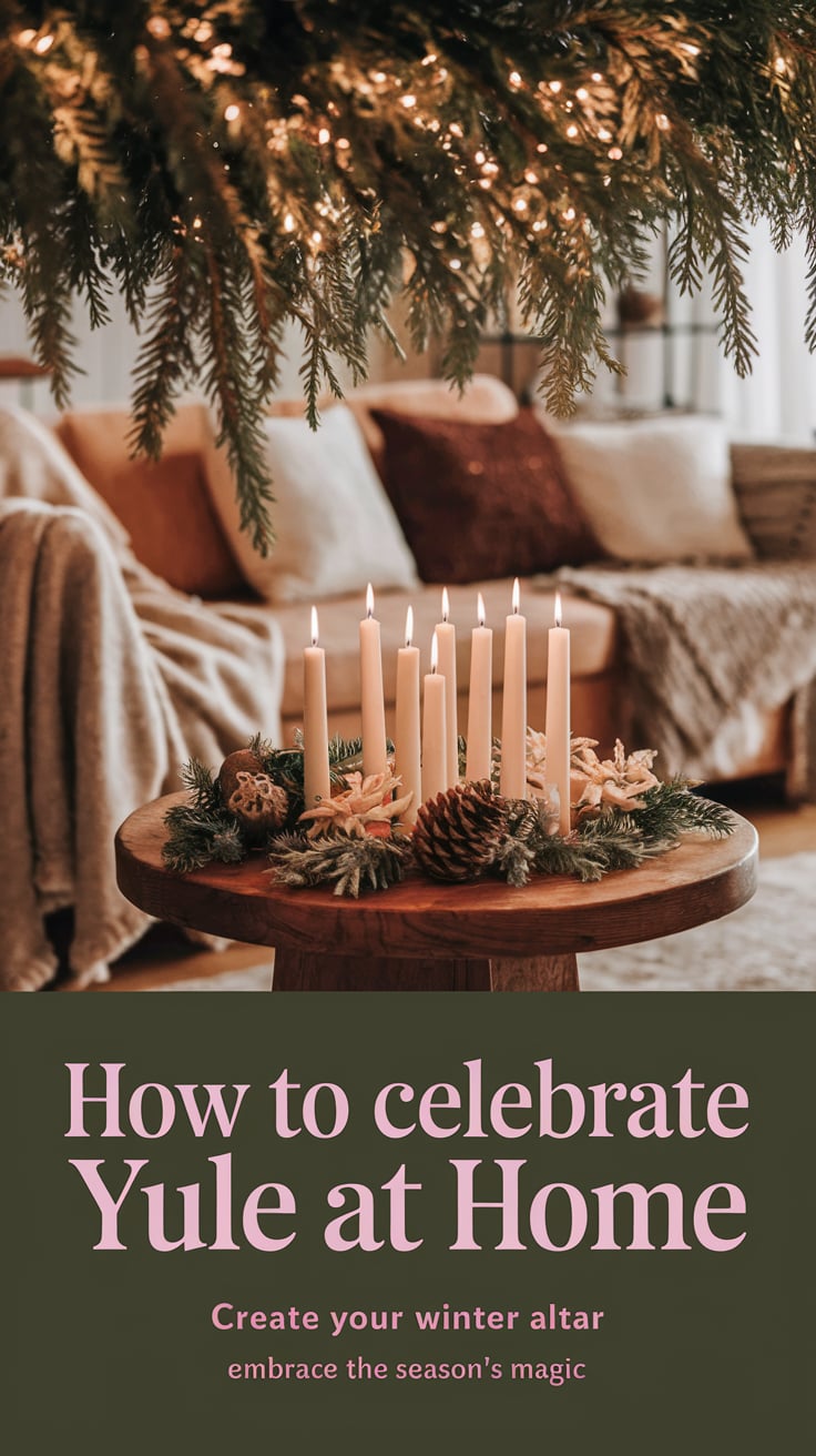 How to Celebrate Yule At Home ‘How to Celebrate Yule At Home’ — clean sans serif, lower third, soft pastels with cozy candles and evergreen decor; bottom caption: ‘Create your winter altar’