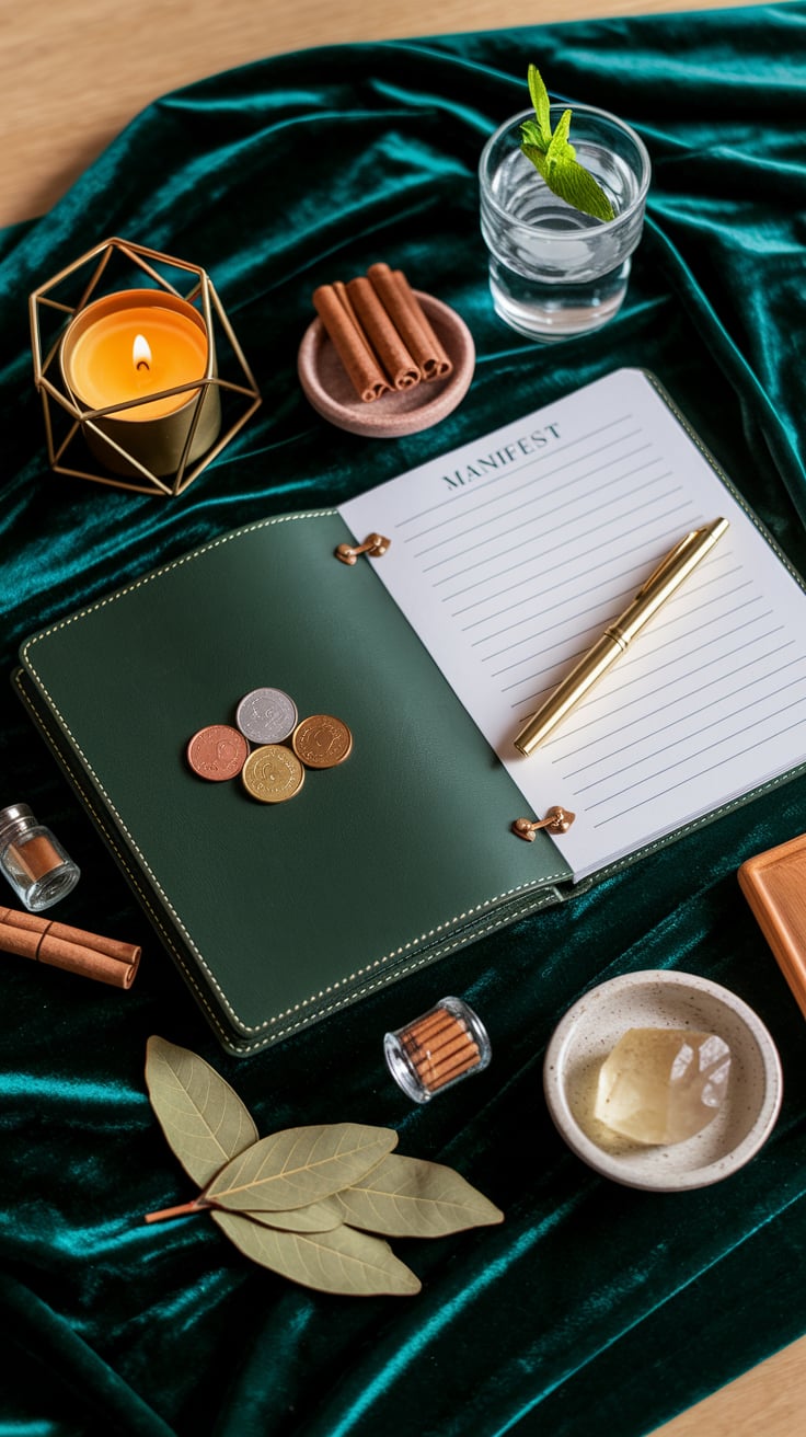 Green velvet table featuring a notebook, pen, candle, and accessories, symbolizing business success and manifestation witchcraft.