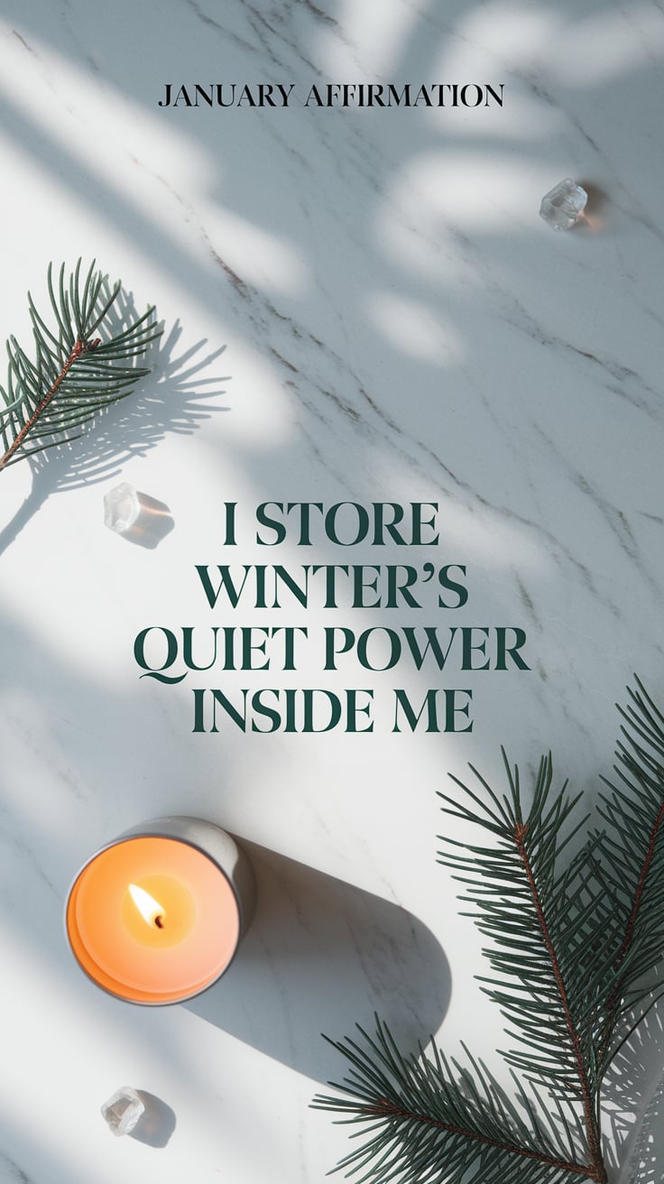 A minimalist flat lay featuring a white marble surface with scattered pine needles, a single white candle with a warm glow, and small clear crystals catching the light. At the top in an elegant serif font, "JANUARY AFFIRMATION" appears in matte black. The center features bold text in a modern geometric font reading "I STORE WINTER'S QUIET POWER INSIDE ME" in deep emerald green. The image uses a clean winter palette of whites, soft greens, and gentle shadows for a sophisticated feminine aesthetic.