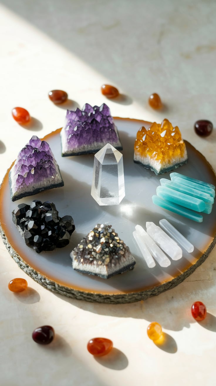 A collection of crystals and gemstones arranged on a circular, translucent platform. The platform is set against a light background with a subtle shadow. Prominent in the image are amethyst clusters, a clear quartz crystal, blue elongated crystals, black hexagonal clusters, and a few smaller, oval-shaped gemstones in hues of orange and red. The crystals and gemstones are beautifully displayed, emphasizing their unique shapes, colors, and textures.
