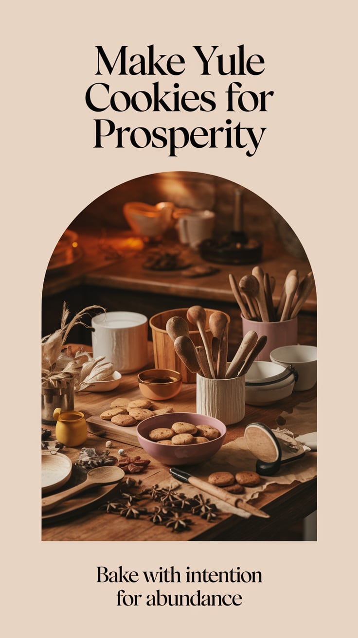‘Make Yule Cookies for Prosperity’ — clean serif font, top third, warm cinnamon and nutmeg scene, cozy kitchen with baking tools; bottom caption: ‘Bake with intention for abundance’