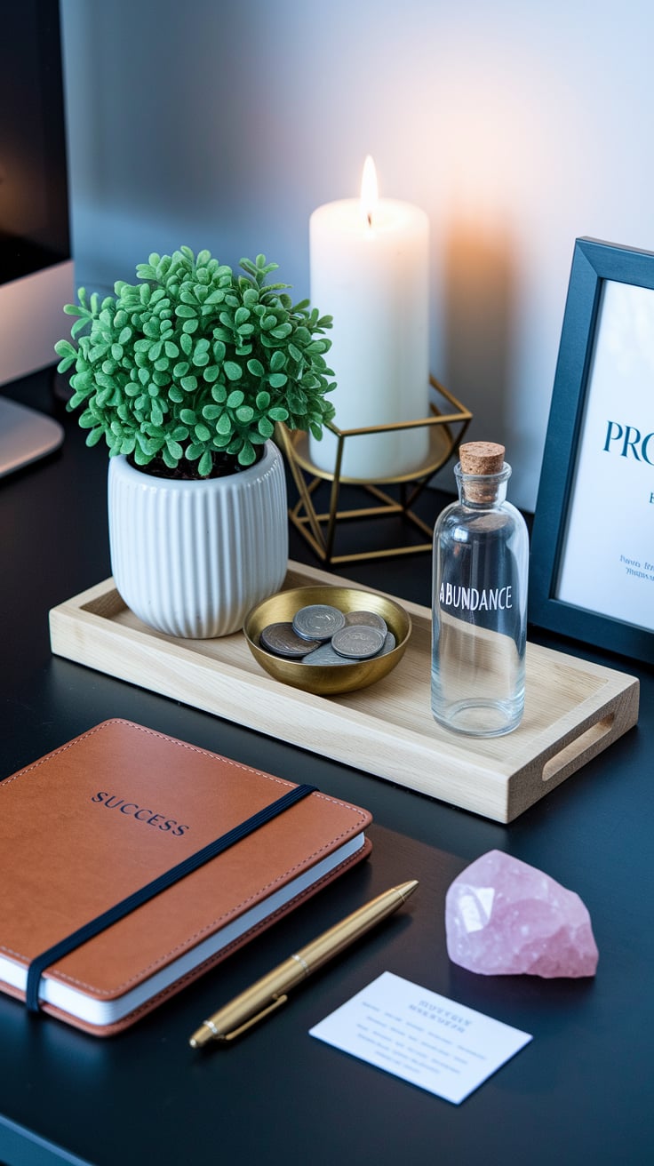 A stylish desk adorned with a candle, notebook, perfume, and crystal, representing financial success and manifestation practices.