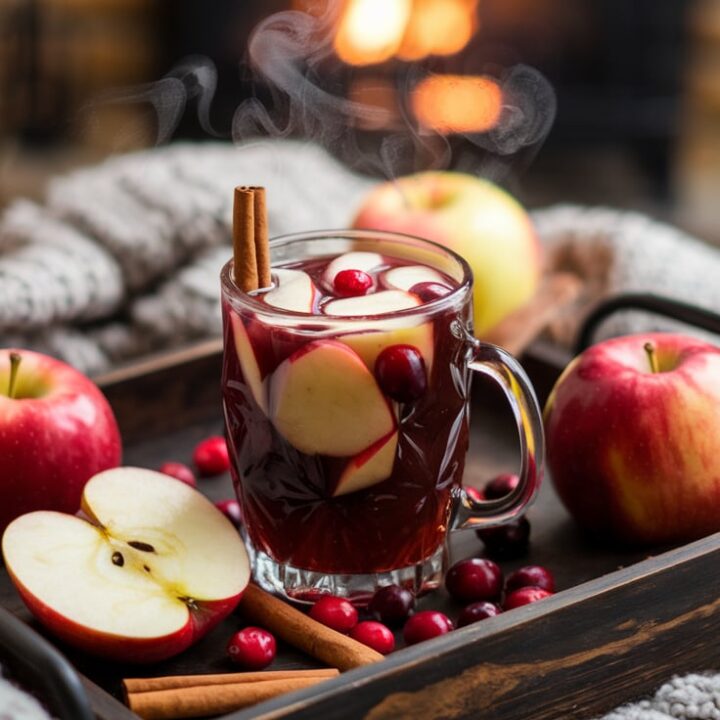 A steaming glass mug of wassail garnished with apple slices, cranberries, and a cinnamon stick, set on a rustic wooden tray. Surrounded by whole apples and cinnamon sticks, the warm glow of a fireplace adds a cozy winter ambiance.