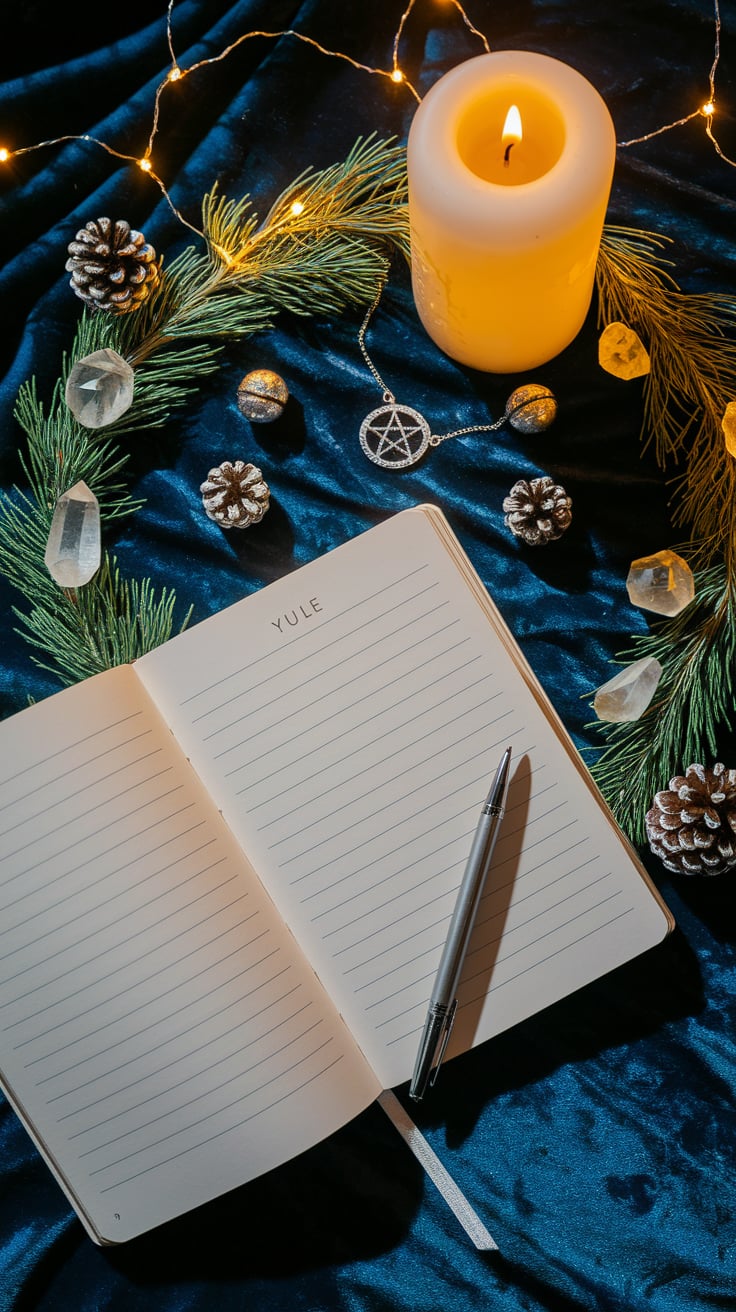 A cozy winter scene featuring a wreath, candle, notebook, and pen, with Christmas decorations and a tree in the background.