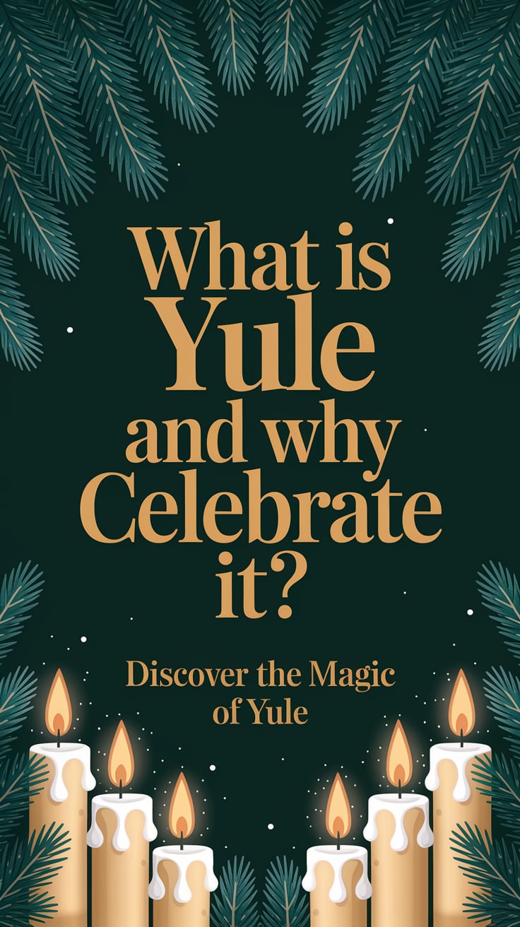 What Is Yule and Why Celebrate It ‘What Is Yule and Why Celebrate It?’ — bold serif font, centered, warm gold on deep green background, cozy winter scene with candles and evergreens; bottom caption: ‘Discover the magic of Yule’