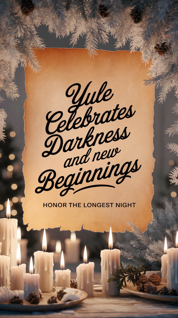 Yule Celebrates Darkness and New Beginnings ‘Yule Celebrates Darkness and New Beginnings’ — bold script, large centered text, soft winter tones with flickering candlelight, evergreen decorations; bottom caption: ‘Honor the longest night’