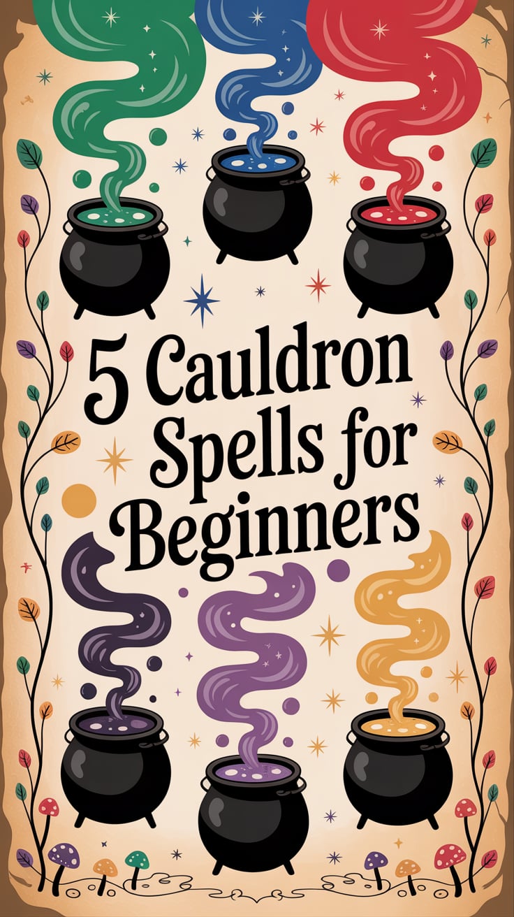 5 CAULDRON SPELLS FOR BEGINNERS The phrase "5 CAULDRON SPELLS FOR BEGINNERS" appears in whimsical handwritten font across the center of the visual. Behind it, an amber to deep brown gradient with delicate flame patterns creates a warm, welcoming atmosphere. The bright golden text stands out clearly, making it instantly readable at a glance.