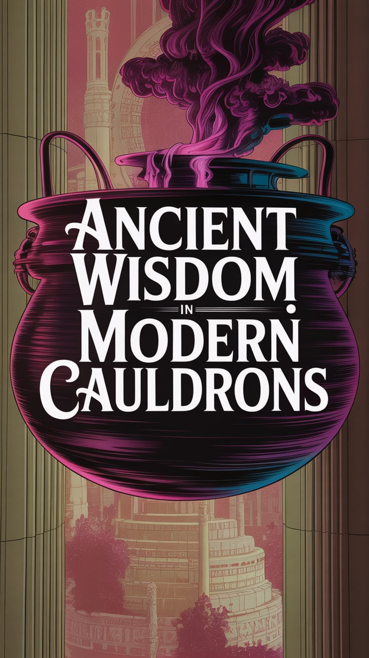 ANCIENT WISDOM IN MODERN CAULDRONS The phrase "ANCIENT WISDOM IN MODERN CAULDRONS" appears in bold serif lettering across the center of the visual. Behind it, a deep purple to midnight blue gradient with subtle smoke wisps creates a mystical, intriguing atmosphere. The white text stands out clearly, making it instantly readable at a glance.