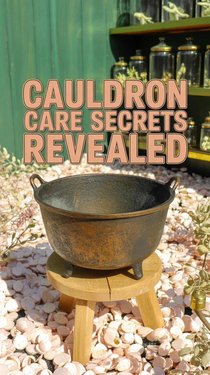 CAULDRON CARE SECRETS REVEALED The phrase "CAULDRON CARE SECRETS REVEALED" appears in strong sans-serif lettering across the center of the visual. Behind it, a forest green to charcoal gradient with minimal brass accents creates a practical, knowledgeable atmosphere. The bright copper text stands out clearly, making it instantly readable at a glance.