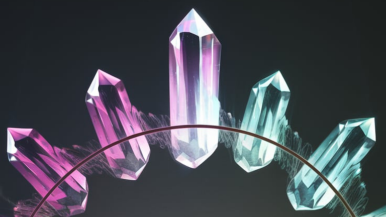 A close-up of vibrant magenta and teal crystals, forming a circular arc against a dark background. Each crystal shimmers with radiant energy, their luminous glow creating an enchanting and mystical aesthetic.