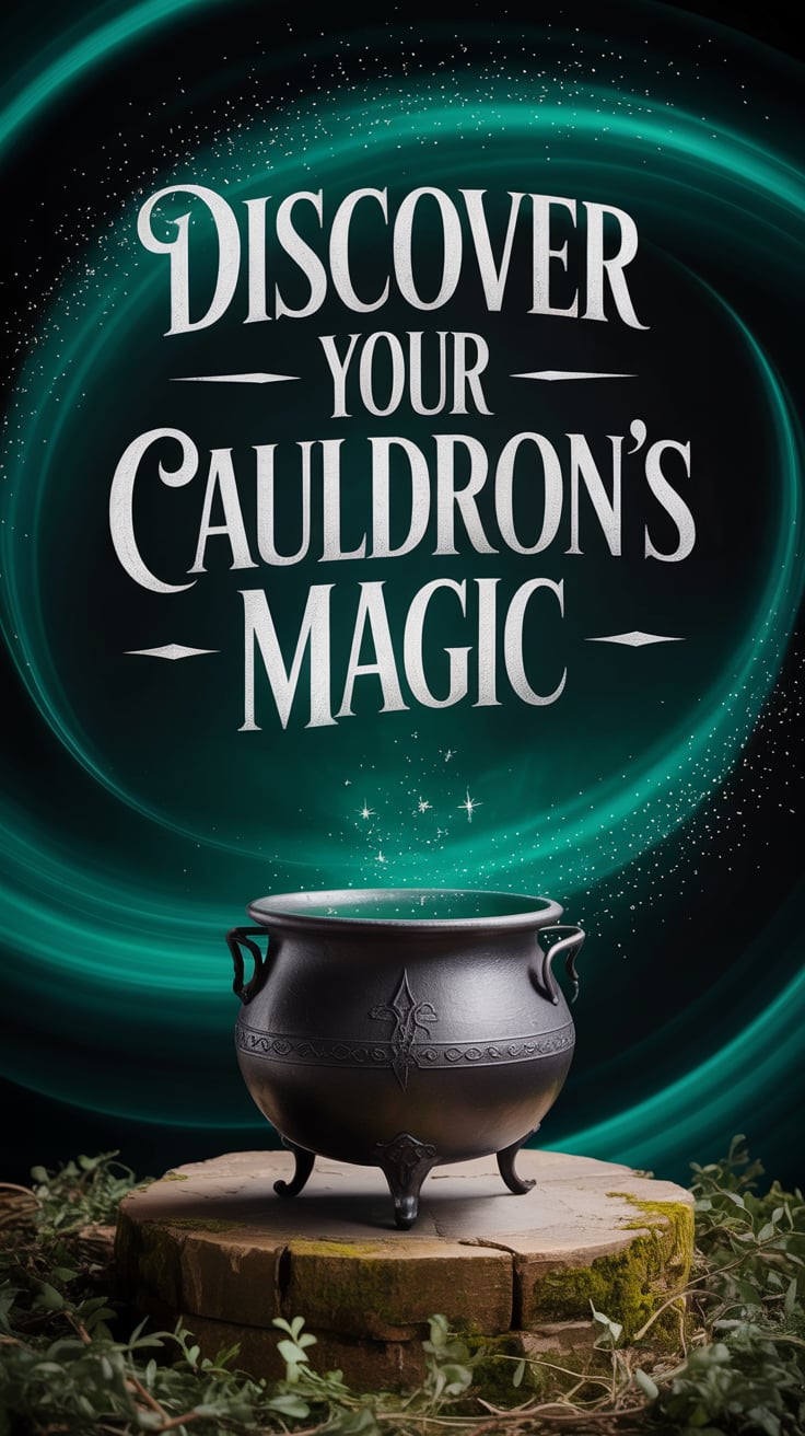 DISCOVER YOUR CAULDRONS MAGIC The phrase "DISCOVER YOUR CAULDRON'S MAGIC" appears in modern geometric lettering across the top of the visual. Behind it, a soft emerald to black gradient with minimal silver sparkles creates an enchanting, inviting atmosphere. The silver-white text stands out clearly, making it instantly readable at a glance.