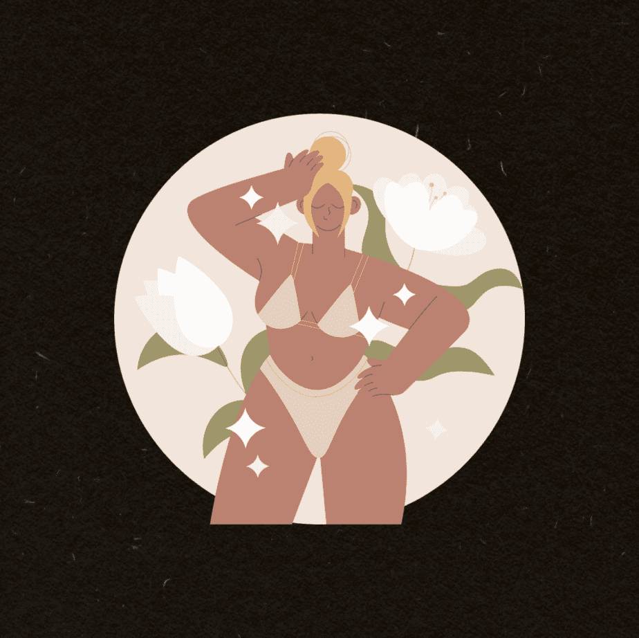 Aphrodite, flowers, blonde woman in bikini