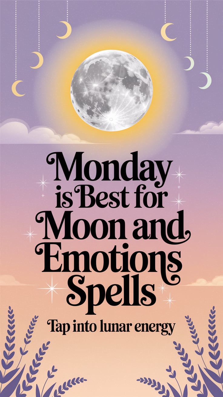 ‘Monday Is Best for Moon and Emotions Spells’ — thick script font, center, lavender pastel, moon icons; bottom caption: ‘Tap Into Lunar Energy’