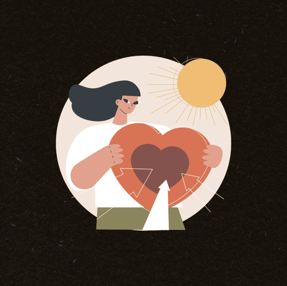 A woman holding a heart, arrows, bright sun