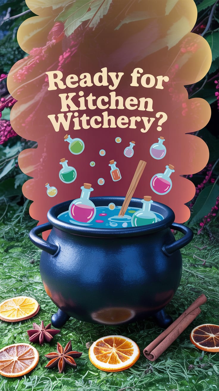 READY FOR KITCHEN WITCHERY The phrase "READY FOR KITCHEN WITCHERY?" appears in playful rounded font across the top of the visual. Behind it, a soft terracotta to deep russet gradient with gentle steam swirls creates an inviting, curious atmosphere. The cream-colored text stands out clearly, making it instantly readable at a glance.