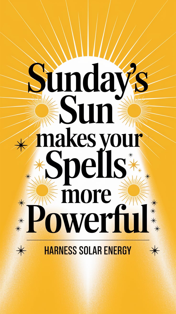 ‘Sunday’s Sun Makes Your Spells More Powerful’ — classic serif, upper third, bright yellow background, sun symbols; bottom caption: ‘Harness Solar Energy’