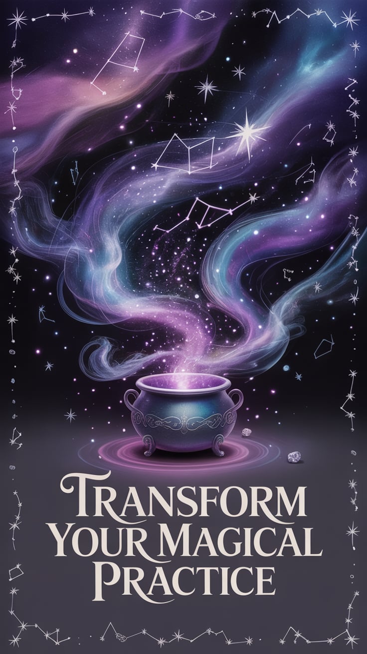 TRANSFORM YOUR MAGICAL PRACTICE The phrase "TRANSFORM YOUR MAGICAL PRACTICE" appears in elegant serif lettering across the bottom of the visual. Behind it, a rich burgundy to black gradient with subtle cauldron silhouettes creates a powerful, transformative atmosphere. The ivory text stands out clearly, making it instantly readable at a glance.