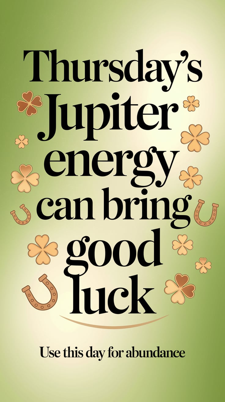 ‘Thursday’s Jupiter Energy Can Bring Good Luck’ — bold serif, upper third, soft green background, lucky symbols; bottom caption: ‘Use This Day for Abundance’