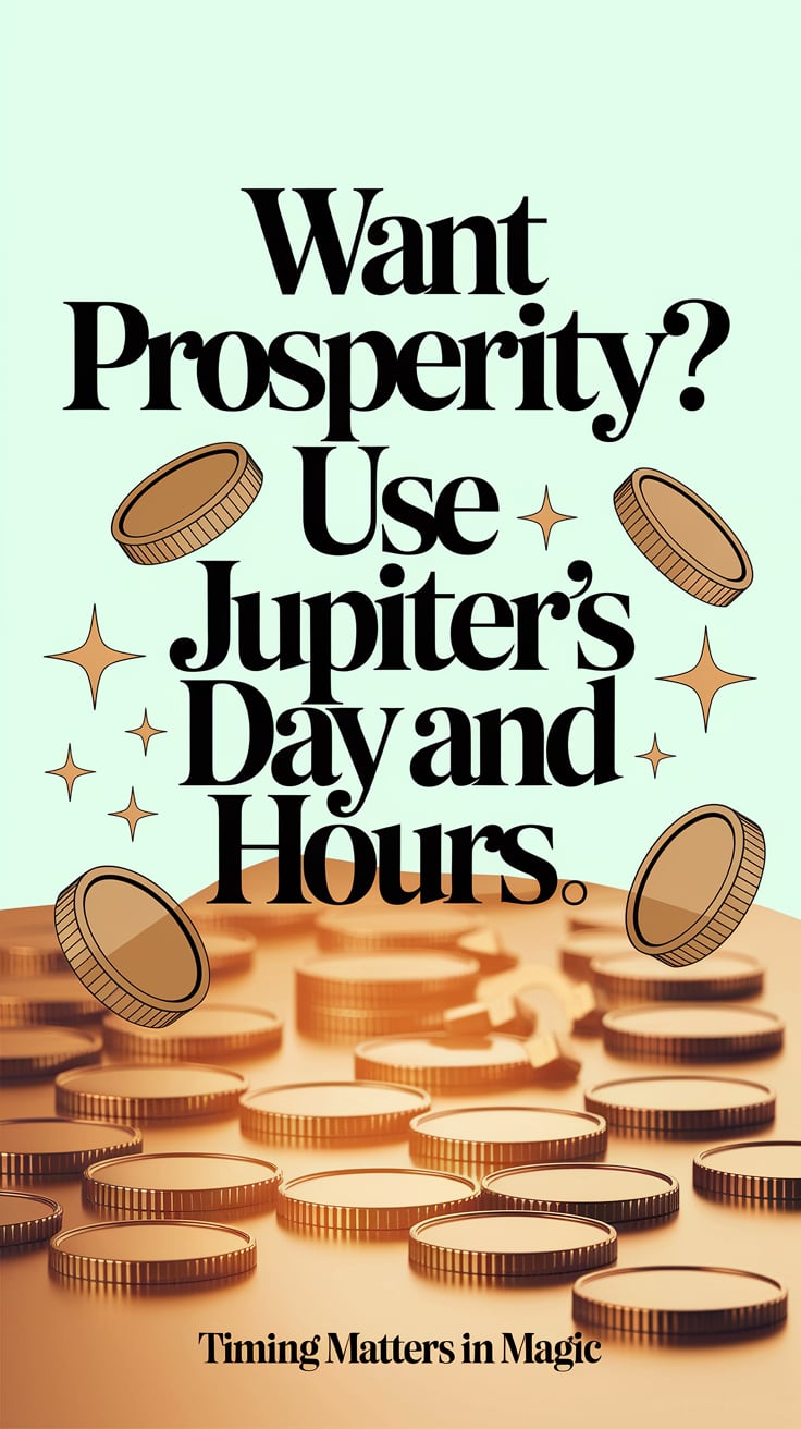 ‘Want Prosperity? Use Jupiter’s Day and Hours’ — bold serif font, upper third, light mint background, coins and stars illustrations; bottom caption: ‘Timing Matters in Magic’