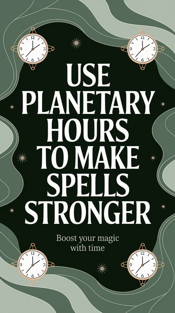 ‘Use Planetary Hours to Make Spells Stronger’ — large bold text, middle, muted green backdrop, simple clock icons with planets; bottom caption: ‘Boost Your Magic with Time’