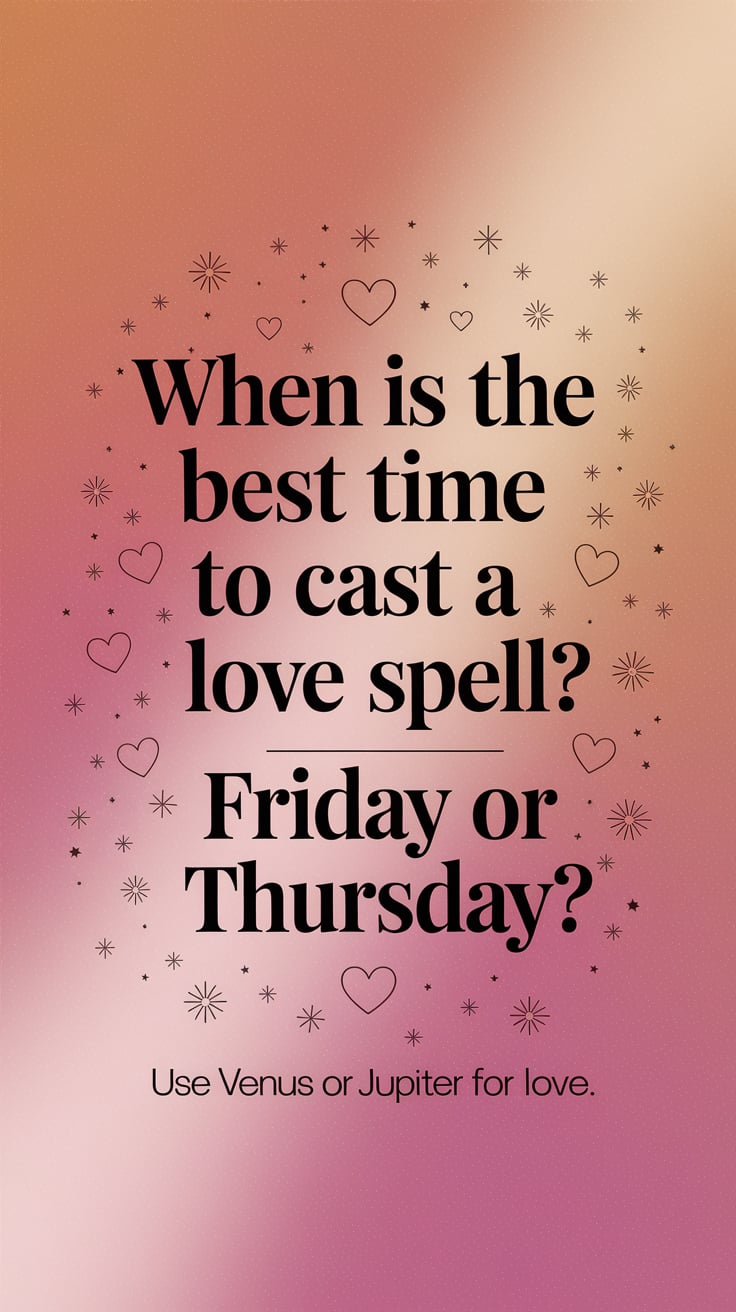 ‘When Is the Best Time to Cast a Love Spell? Friday or Thursday?’ — plain font, middle, soft pink background, heart and star symbols; bottom caption: ‘Use Venus or Jupiter for Love’