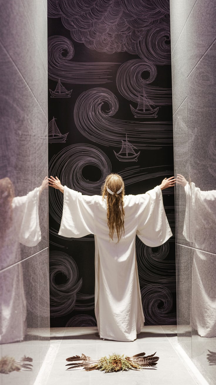 Wind deities and the air element A serene practitioner stands with arms outstretched on a hilltop, robes and hair flowing dramatically in the wind. Storm clouds gather in the distance as offerings of feathers and dried herbs lay at their feet. The scene captures the moment of connection with wind deities like Aeolus or Njord, with subtle symbolic elements of ships or weather patterns visible in the cloud formations.