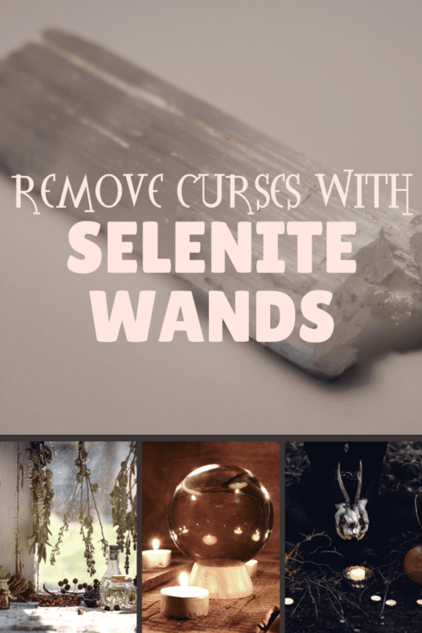 A big selenite wands. Hanging herbs by a window. A crystal ball. White candles. An animal skull. A witch.